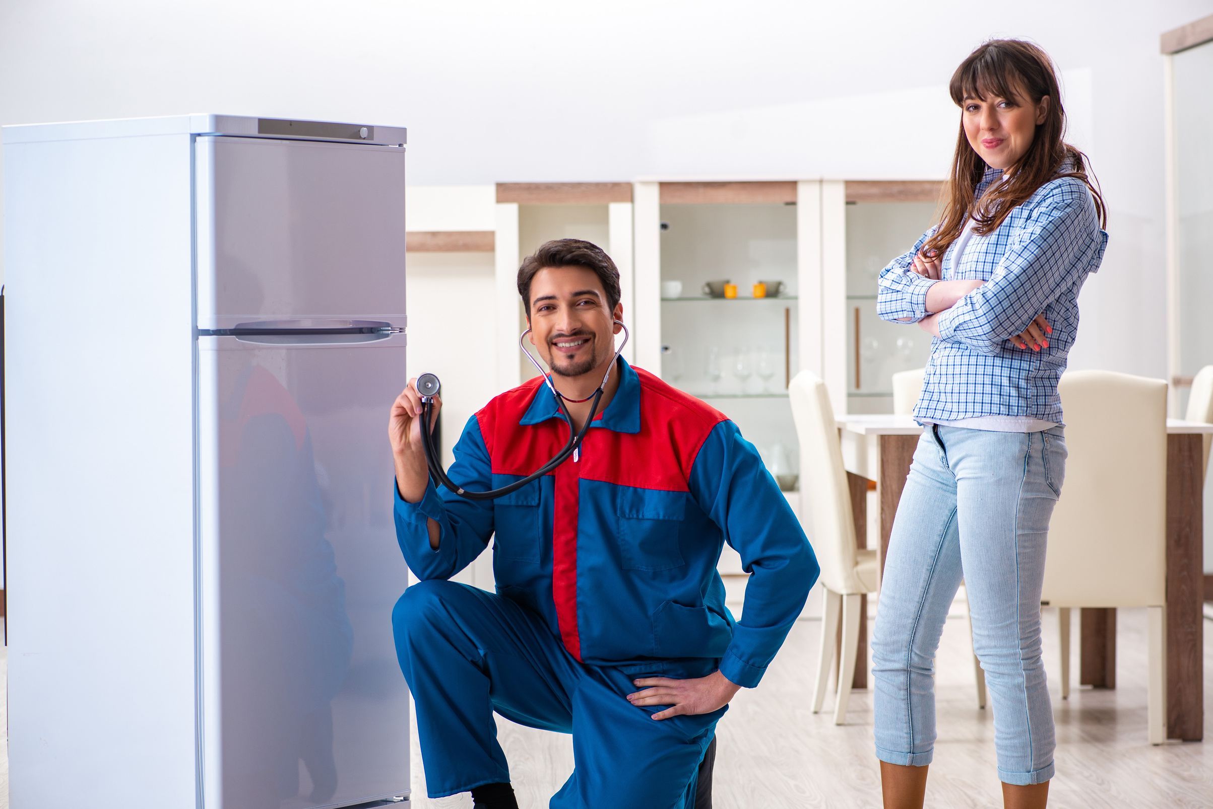 Man Repairing Fridge with Customer